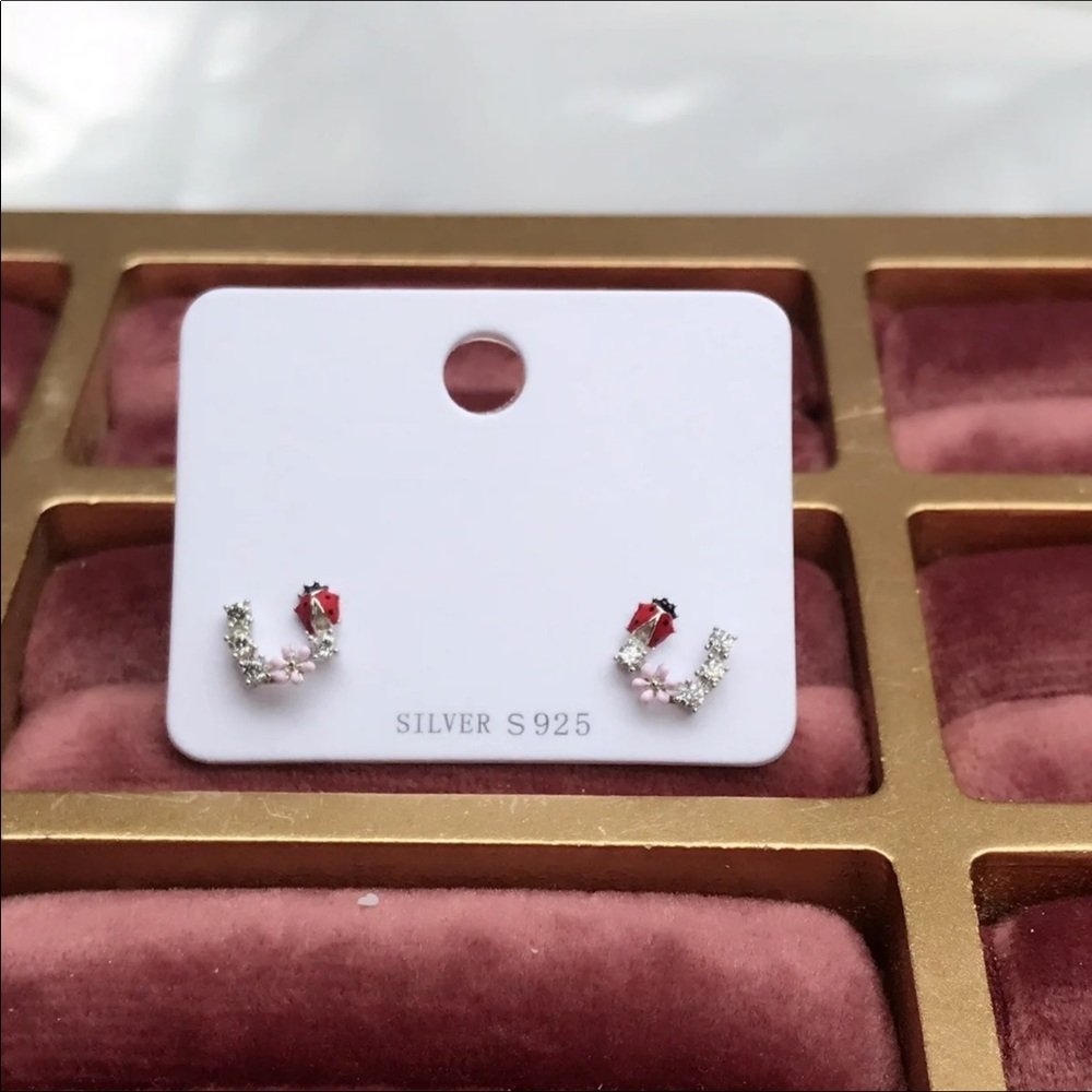 Sterling Silver ladybug& flower stud earrings - Picture 2 of 3